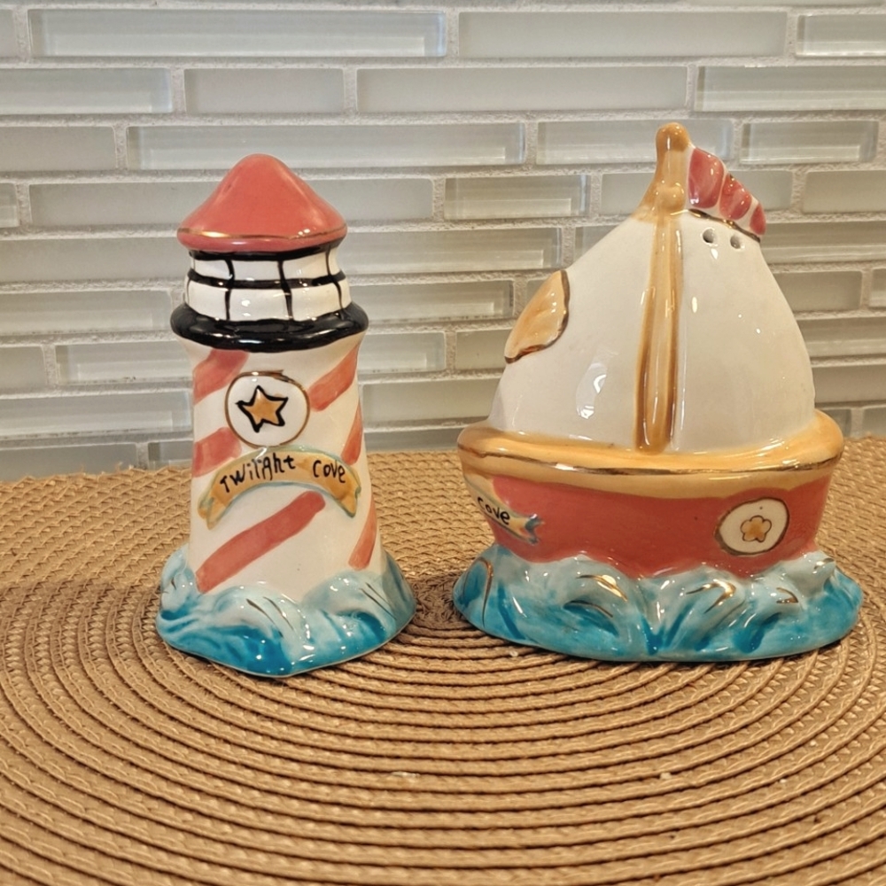 Blue Sky ClayWorks Lighthouse Sailboat Salt & Pepper Shakers Ceramic